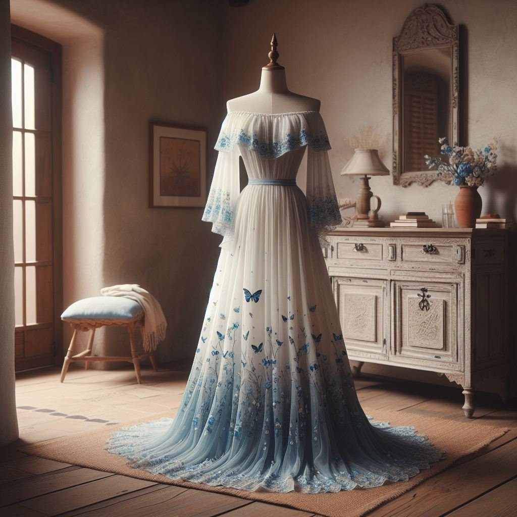 An elegant dress on a mannequin with blue butterfly motifs on the skirt, off-the-shoulder 3/4-length sleeves, and a ruffled neckline set in a vintage room