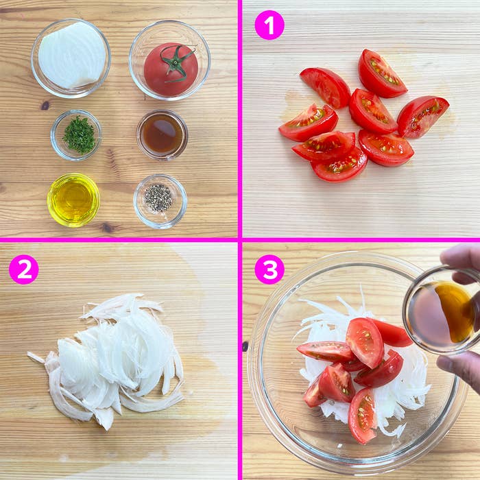 材料と手順を示す4枚の写真。上段左に食材、右にトマトを切ったもの。下段左に玉ねぎスライス、右にトマトと玉ねぎにドレッシングをかける様子。