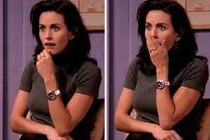 Two side-by-side images of Monica from Friends, showing her surprised reaction