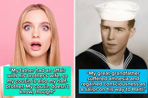 Left: Woman with surprised expression. Right: Vintage portrait of a man in sailor uniform