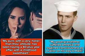 Left: Woman gestures for silence to man. Right: Vintage photo of a sailor in uniform