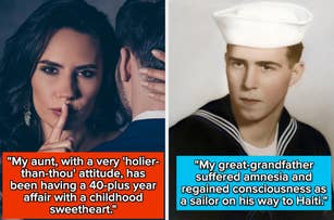 Left: Woman gestures for silence to man. Right: Vintage photo of a sailor in uniform