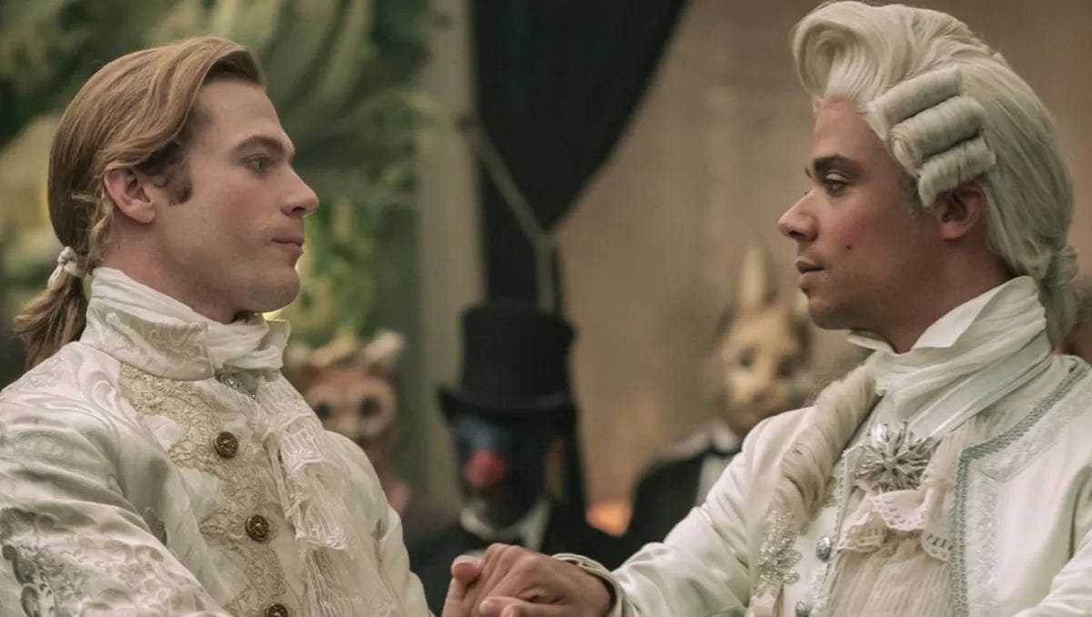 Two characters from the series 'Bridgerton' in historical dress are holding hands
