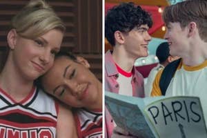 Two images split-screen: Left, a cheerleader leans on a friend's shoulder. Right, two boys smile at each other holding a map