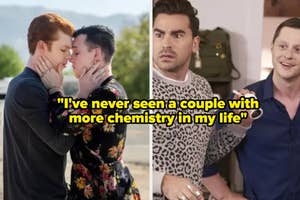 Split image with two scenes from TV shows, first depicting a couple kissing, second showing a character reacting with a quote overlay