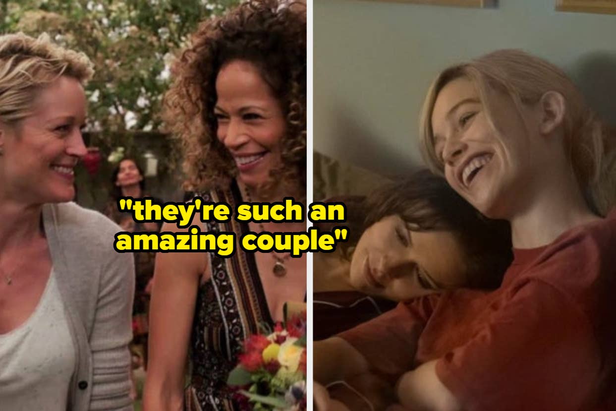 Two scenes from TV shows with couples smiling at each other, captioned "they're such an amazing couple"