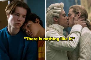 Split image with characters from TV shows in close contact, left side has two youths embracing, right shows two men about to kiss