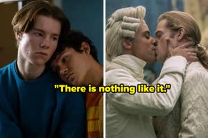 Split image with characters from TV shows in close contact, left side has two youths embracing, right shows two men about to kiss