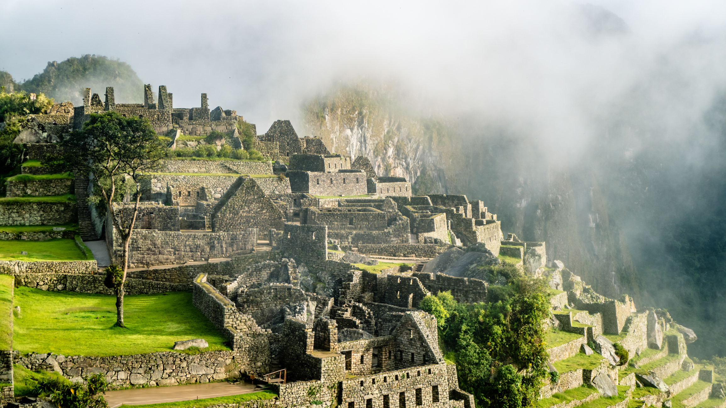 Ancient Machu Picchu ruins with terraces and stone structures amid mountain fog