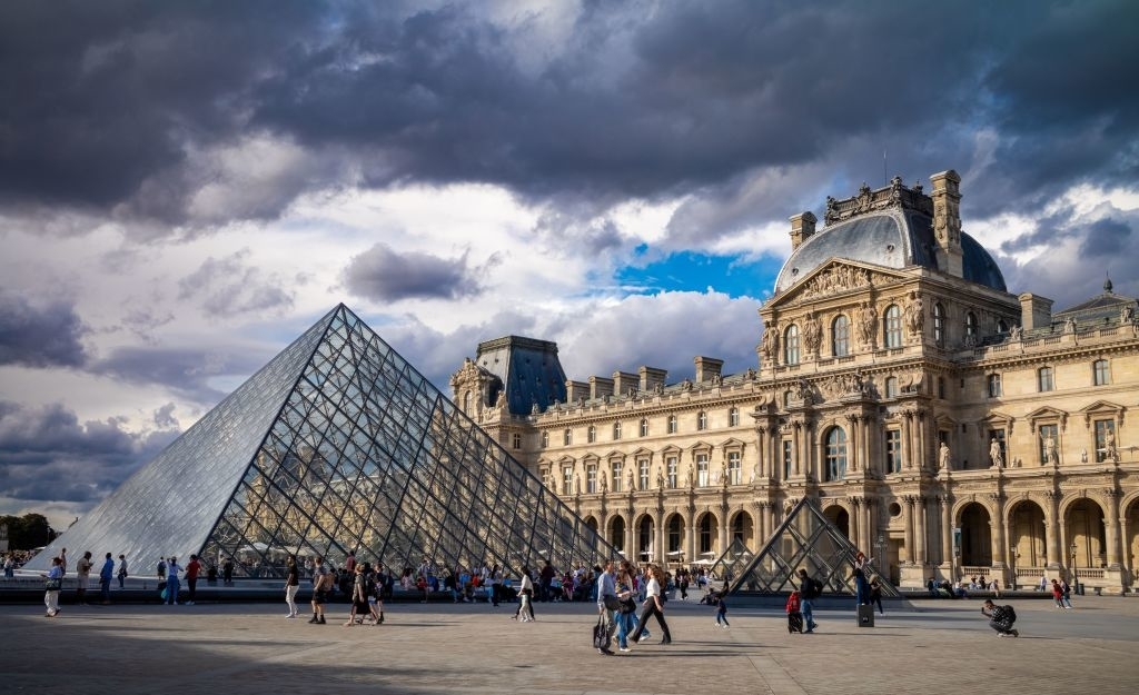 Louvre Museum with iconic glass pyramid and visitors walking around