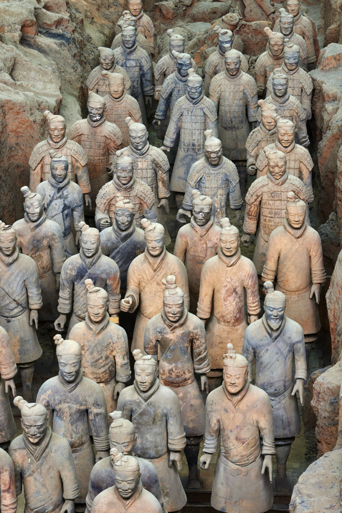 Terracotta Army statues standing in excavation pits at the Mausoleum of the First Qin Emperor in China