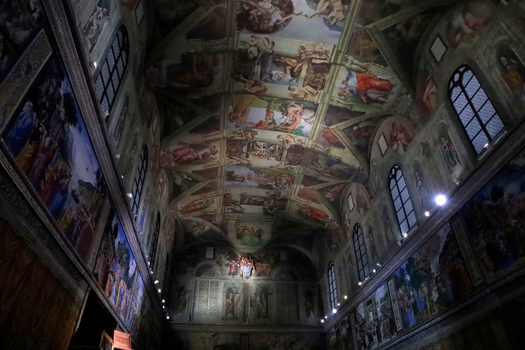 Ceiling of the Sistine Chapel with Michelangelo&#x27;s fresco paintings