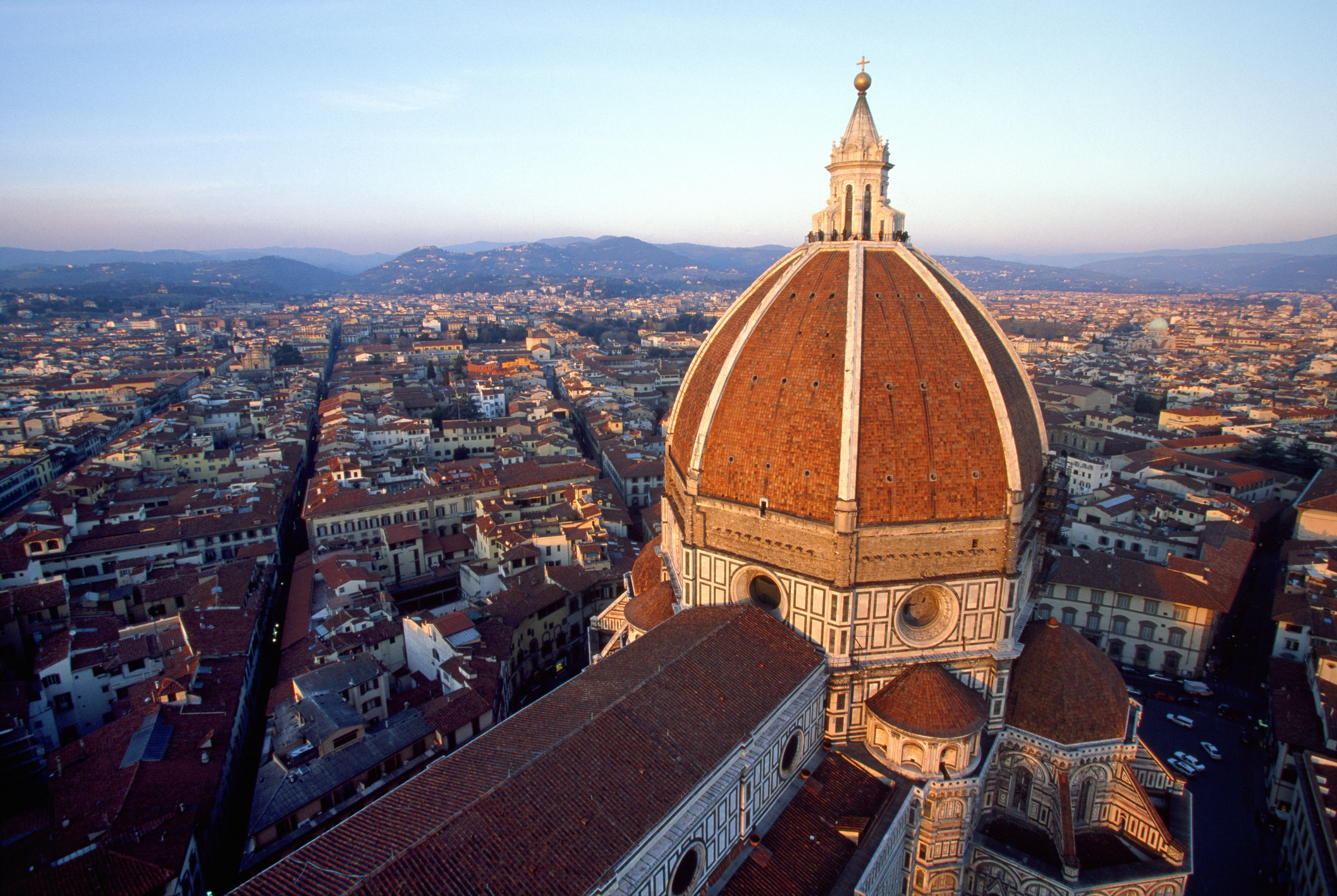 Aerial view of Florence with the Cathedral of Santa Maria del Fiore's dome at center