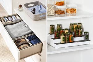 Various organized storage solutions for drawers and shelves with compartments and containers