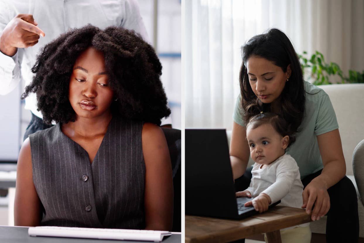 Two side-by-side photos: Left, a woman working at a desk. Right, a woman with a child at a computer desk
