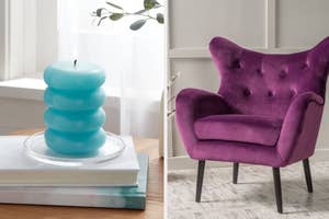 Left: A tiered blue candle on a book stack. Right: Purple tufted chair in a white room