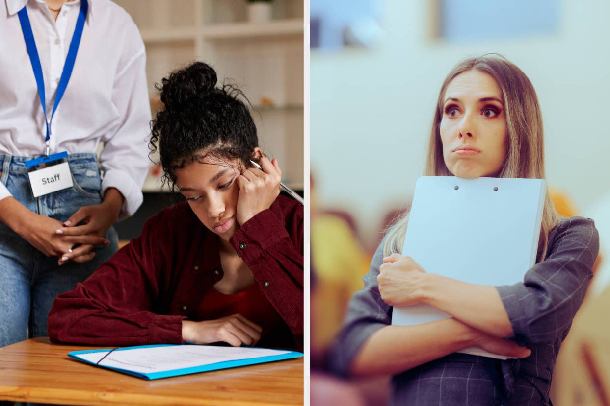 a student who is not happy next to a photo of a teacher who is overwhelmed