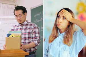 Split image: Left - a person teaching; Right - an individual in a blue blouse looking worried