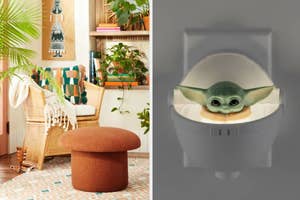 Stylish ottoman in a home setting; Baby Yoda toilet seat cover in a bathroom