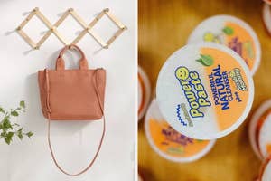 Handbag on wall-mounted holder; Poo~Pourri toilet spray