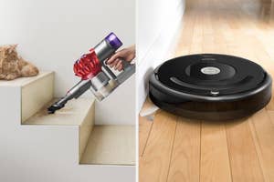 Split image of a handheld vacuum cleaner in use and a robotic vacuum on a floor, showcasing cleaning technology options