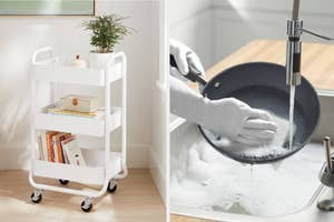 Two images side by side: Left shows a white utility cart with shelves, right displays hands washing a pan under a tap