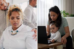 A split image with a woman wearing a necklace on the left and on the right, a woman and baby with a laptop