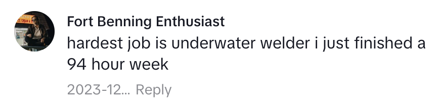 User claims to be an underwater welder, mentioning a 94-hour work week in a social media post