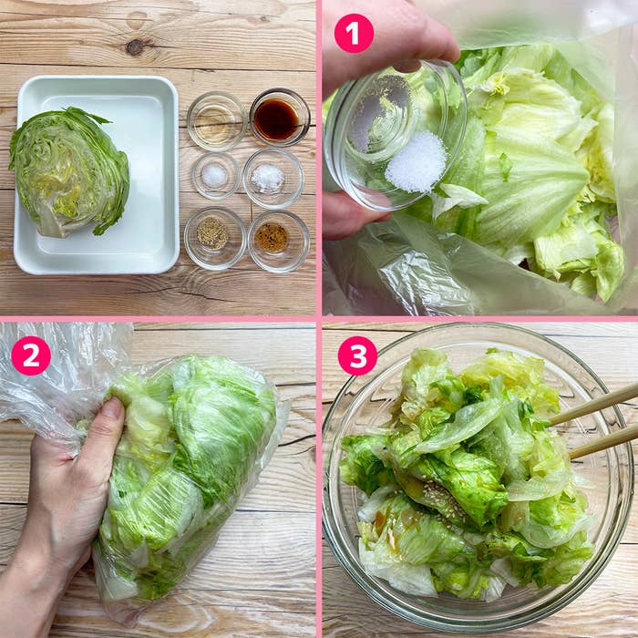 レタスの調理方法を4段階に分けて示した画像。