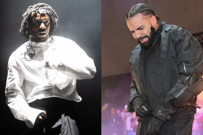 Travis Scott in a white top performing, and Drake in a black outfit on stage