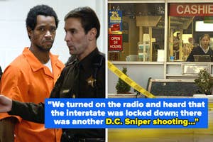 Man escorted by officer; split image with crime scene, quote on D.C. Sniper event
