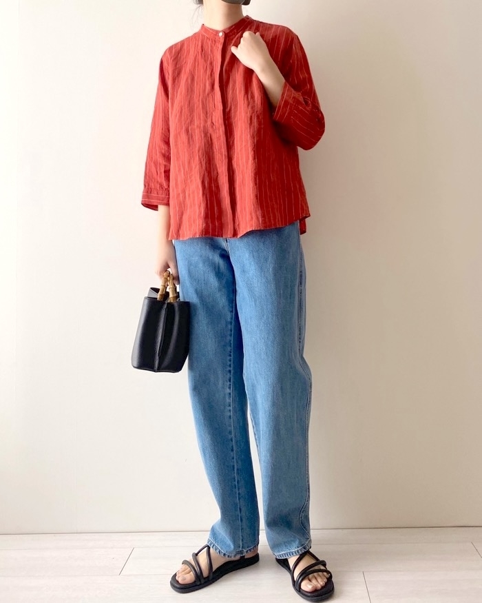 無印良品のおすすめファッションアイテム「婦人 リネン 洗いざらしスタンドカラー七分袖ブラウス」のコーディネート