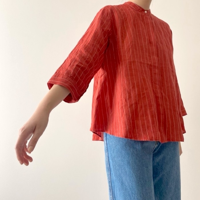 無印良品のおすすめファッションアイテム「婦人 リネン 洗いざらしスタンドカラー七分袖ブラウス」