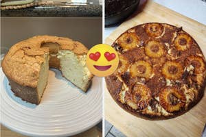Two homemade cakes on counters; one with a slice removed, the other a pineapple upside-down cake