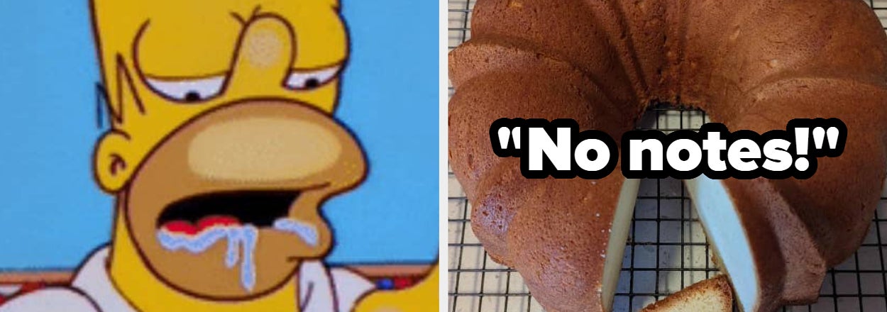 A bundt cake with a slice removed on the left; SpongeBob with text "No notes!" on the right