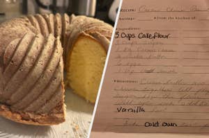 Close-up of a sliced bundt cake next to a handwritten recipe for the cake