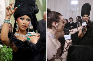 Two images side by side; left shows Kim Kardashian posing in black attire, right captures Cardi B in an elegant outfit with a large headpiece