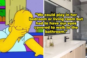 Homer Simpson cartoon on the left; on the right, a bathroom with text about playing with covered eyes