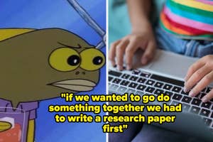 Split screen: Left side shows character Leela from "Futurama" with a quote; right side, person typing on a laptop