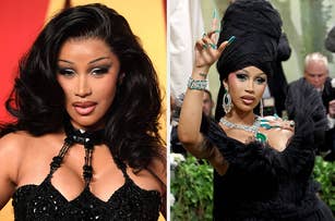 Photo split between two celebrities: Left shows a smiling woman in a sequined outfit, right shows a woman posing with hand gestures in a unique headdress