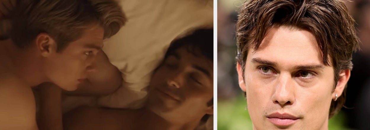 Two side-by-side photos; on the left, a romantic scene between two men in bed, and on the right, a male celebrity in a suit