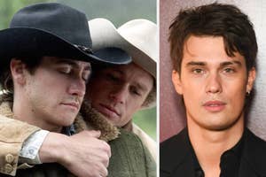 Two actors in a scene from Brokeback Mountain; Heath Ledger embraces Jake Gyllenhaal. Separate image of actor Finn Cole