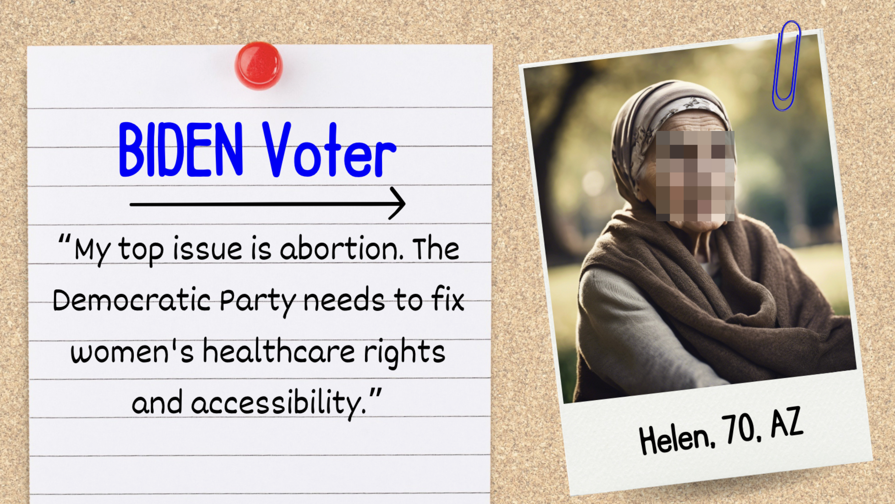 Note pinned on board expressing a Biden voter&#x27;s concern for abortion rights and healthcare, with a photo of elderly woman &#x27;Helen&#x27; attached