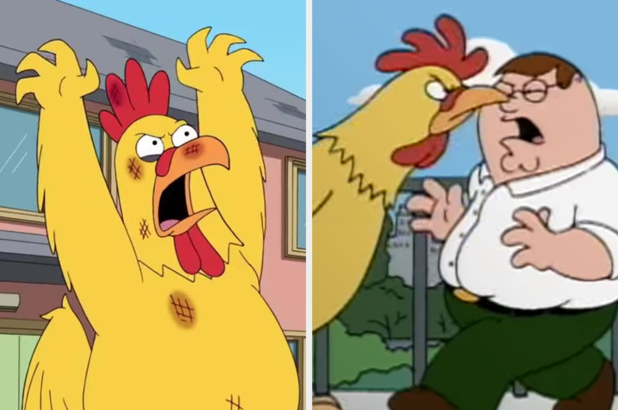 Peter Griffin and a giant chicken engaged in a fight from the animated show Family Guy