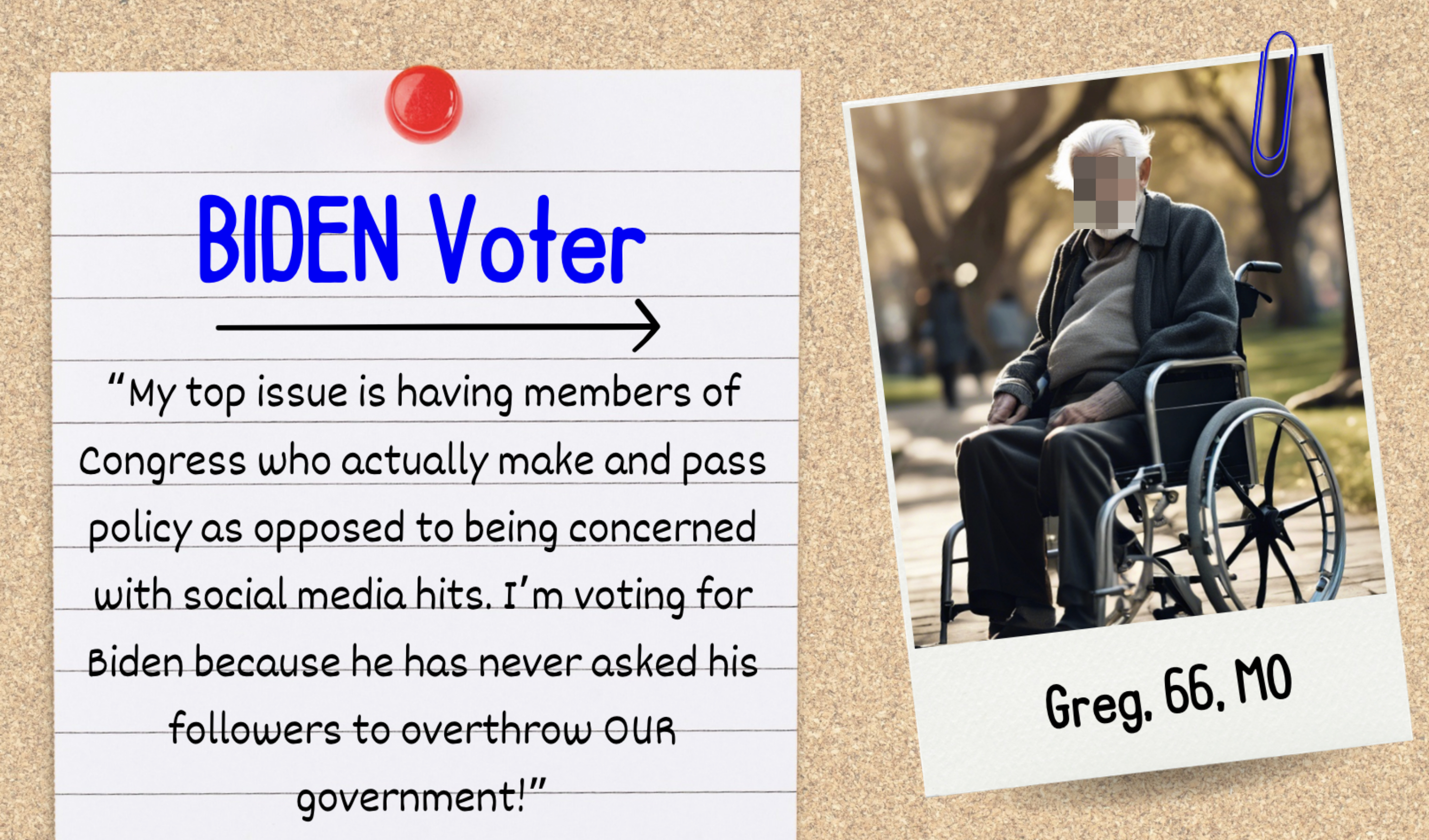 A note that says &quot;BIDEN Voter&quot; with a quote about political priorities, next to an older man, Greg, age 66 from MO, in a wheelchair