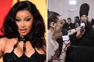 Two images side by side; left shows Kim Kardashian posing in black attire, right captures Cardi B in an elegant outfit with a large headpiece