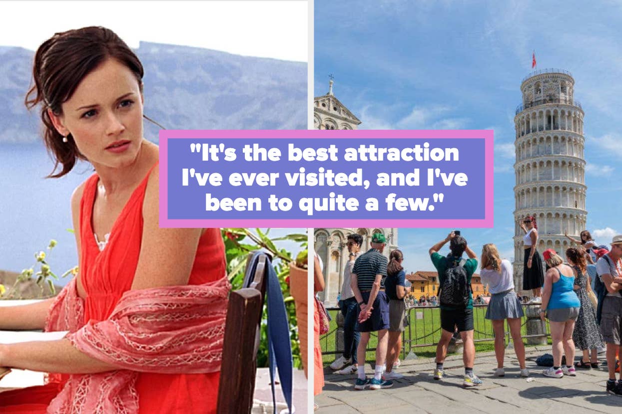 Split image: Left shows character Summer from "500 Days of Summer", right displays tourists at the Leaning Tower of Pisa with a quote