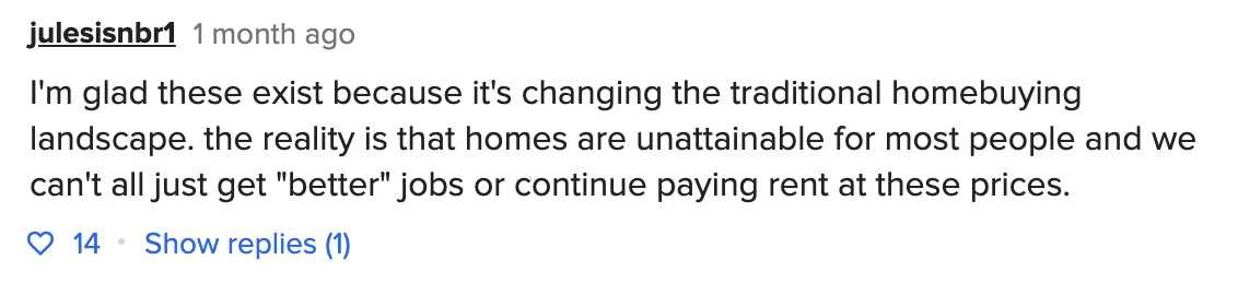 User expresses appreciation for changes in homebuying, noting the difficulty in affording homes or rent