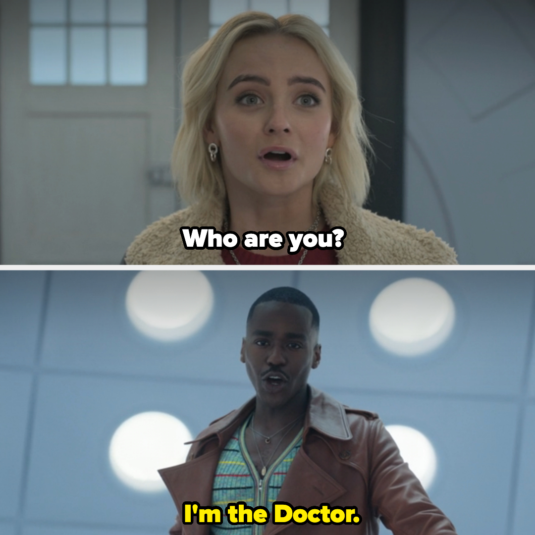 Two scenes from a TV show: a surprised Ruby above and the Doctor declaring &quot;I&#x27;m the Doctor&quot; below
