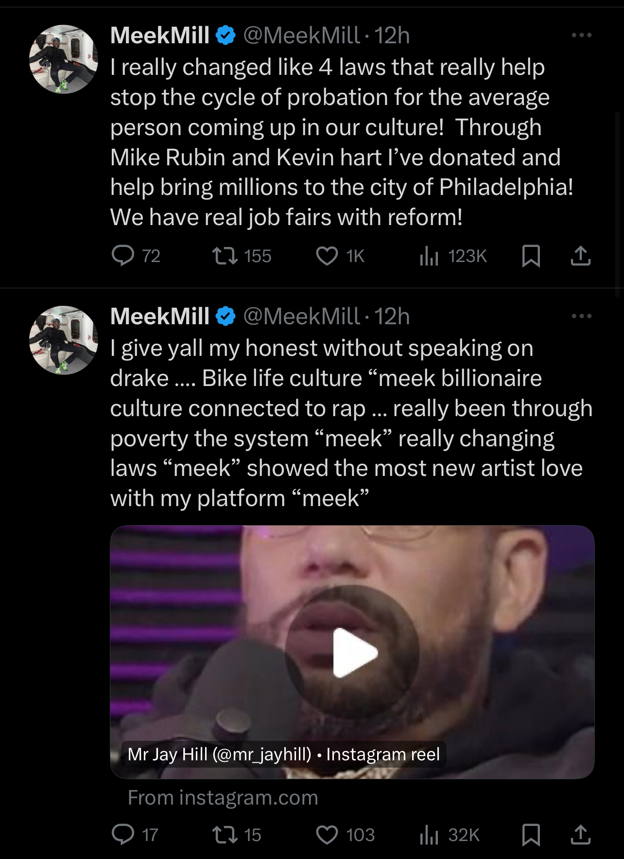 Rapper Meek Mill in a video discussing cultural impact and philanthropy, shared on social media